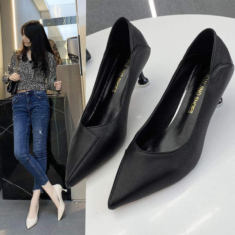 3Cm Not Tired Feet High Heels Annual Thin Heel 5cm Pointed Soft Leather Middle Heel Single Shoes Shallow Mouth Work Shoes