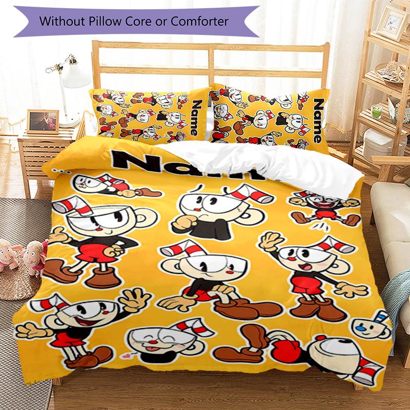 3pcs Custom Name Cuphead Bedding Set Duvet Cover Closure Includes 1 Duvet Cover & 2 Pillowcases for All Seasons Bedroom Decor