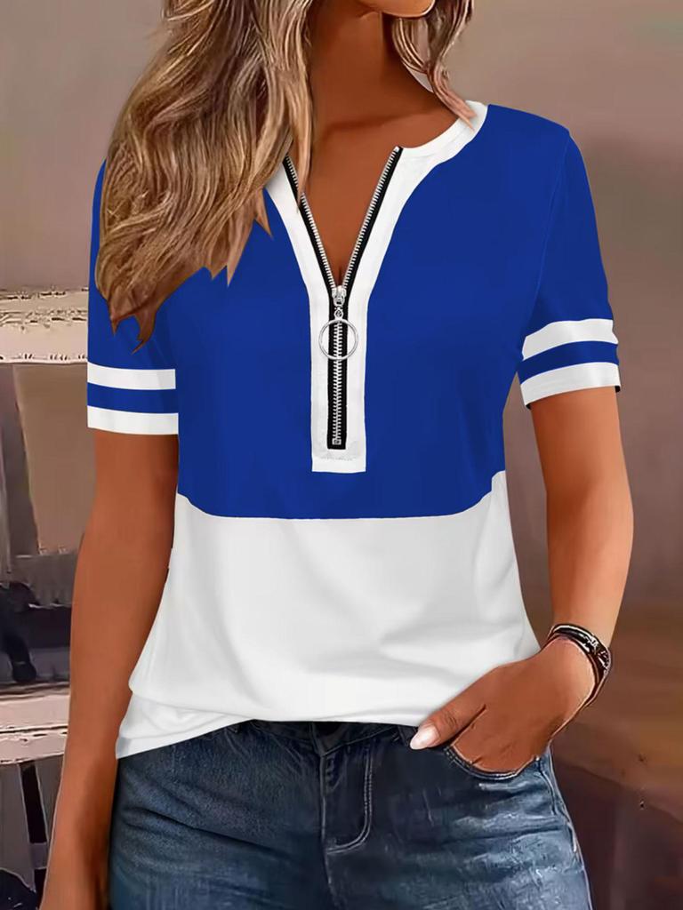 European-American Cross-border Fashion Color Block Zipper Short Sleeve Top