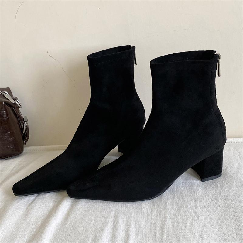 Women Ankle Boots Fashion Pointed Toe Zipper Short Booties Spring Autumn Square Heels Banquet Ladies Shoes 35