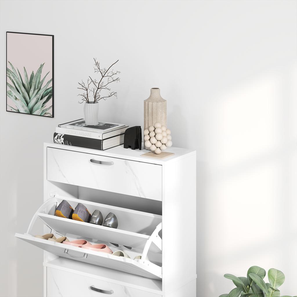 Marble Shoe Storage Cabinet with 3 Flip Drawers, Hallway Cabinet with Top Drawer and Adjustable Shelves, Shoe Cupboard for 18 Pairs, White