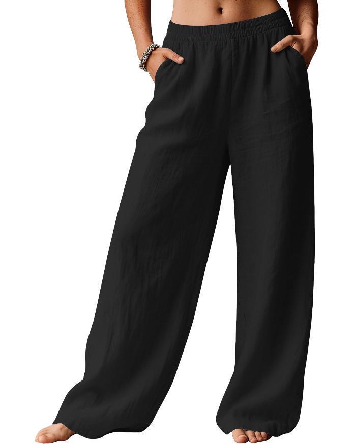 Women's Flowy Linen Wide-Leg Pants - Summer Beach Travel Wear with Elastic Waist & Pockets