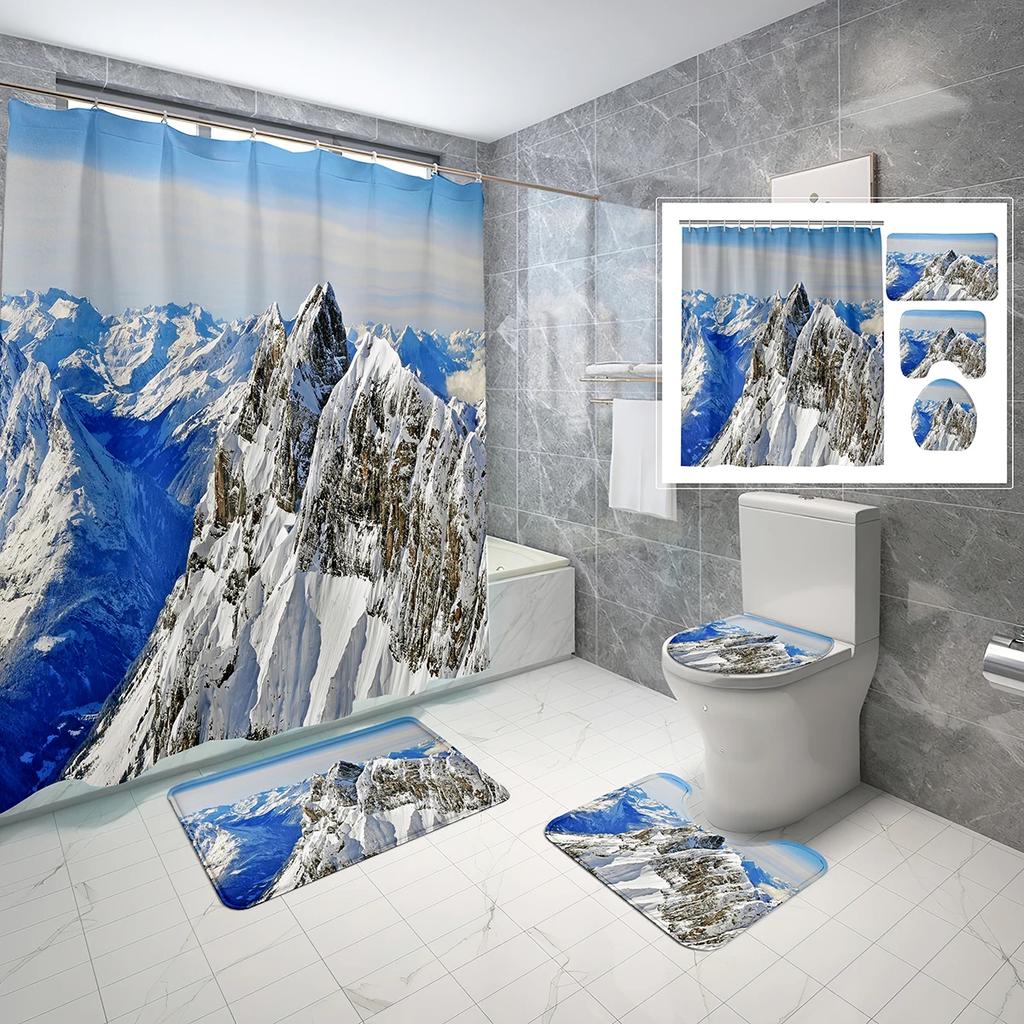 Schneeberg Duschvorhang-Set Schöne Naturlandschaft Duschvorhang Rutschfeste Badematte Toilettendeckelbezug Für Badezimmerdekoration