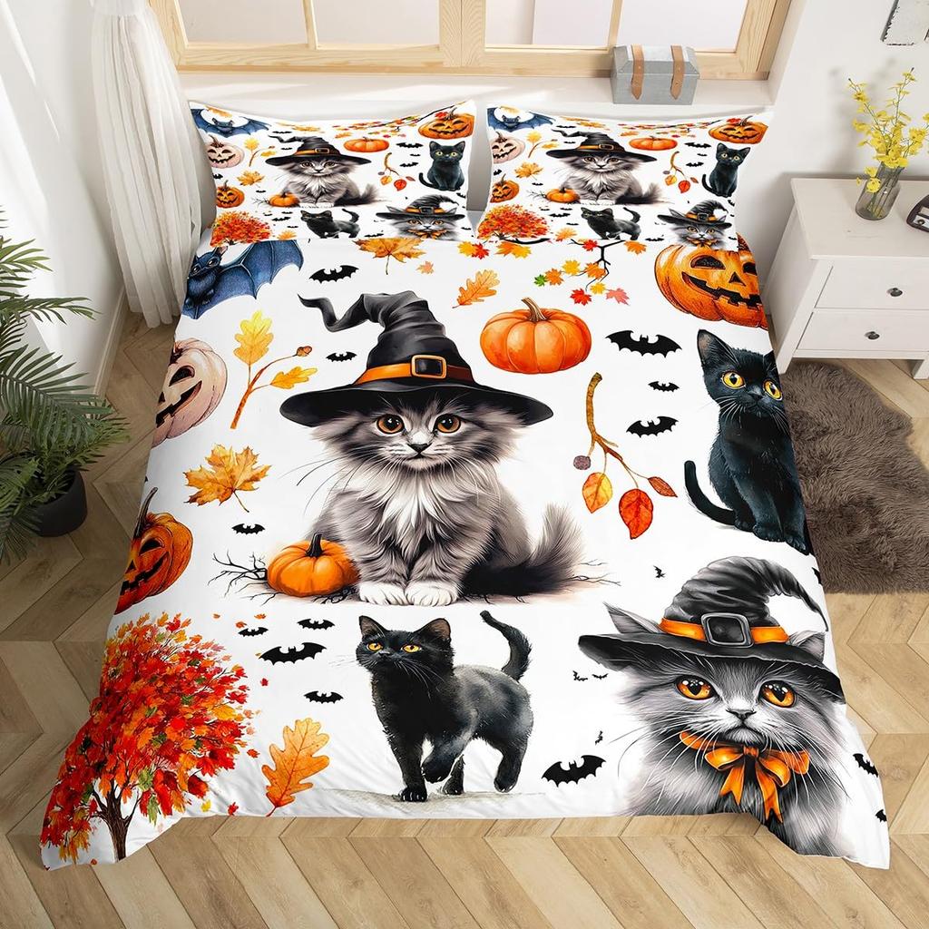 Halloween Twin Duvet Cover Spooky Ghost Pumpkin Bat Bedding Set Horror Castle Funny Halloween Comforter Cover for Kids Adults