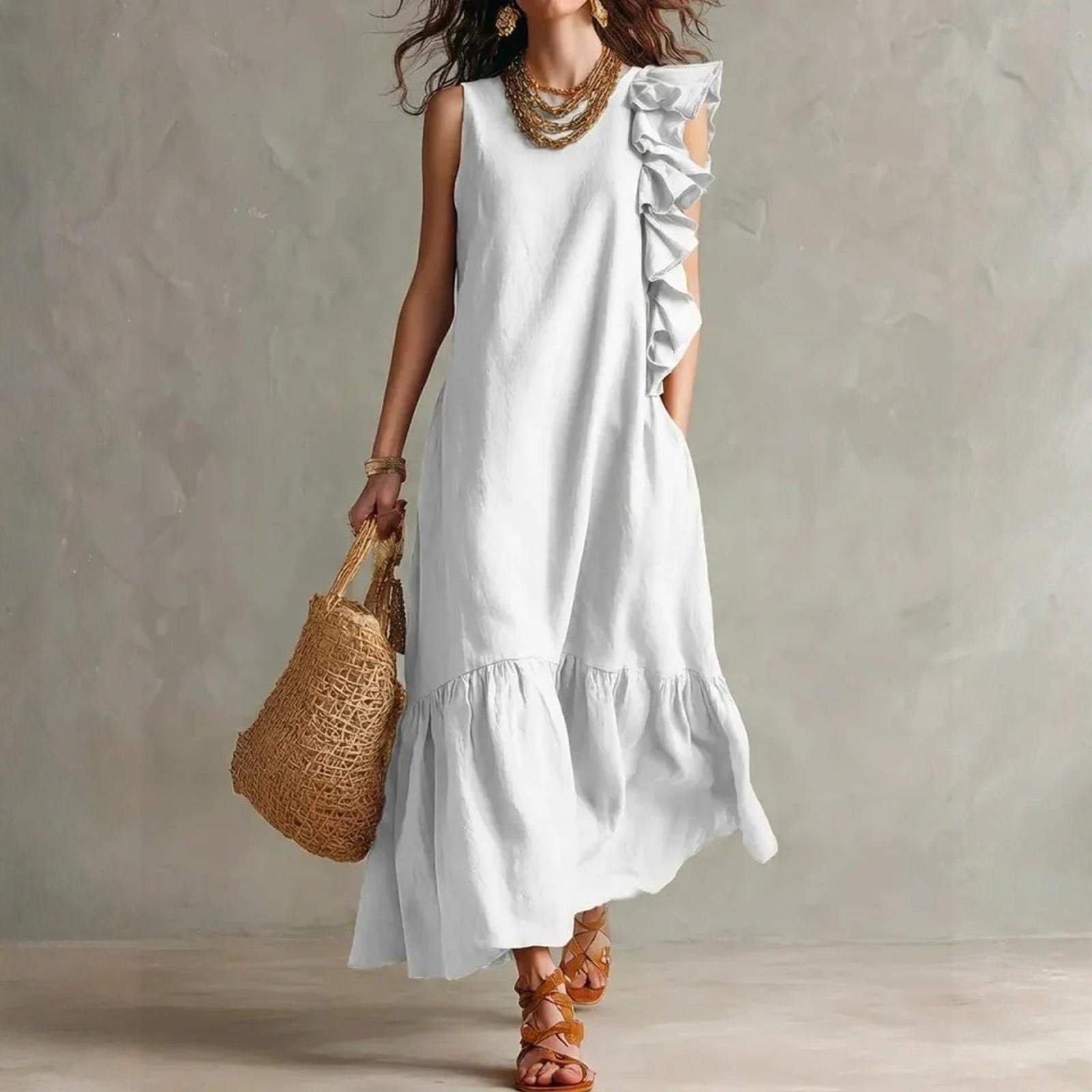 

Женское асимметричное платье без рукавов с рюшами M белый