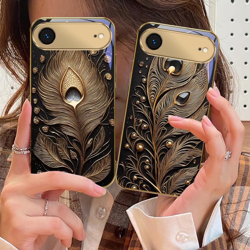 Złote Pióro Klejnot Dla IPhone 17Pro Max 16 17 Pro 15 Pro 14 13 Plus 12 Mini 11Pro Max XR 16E 17Air Złote szklane etui na telefon