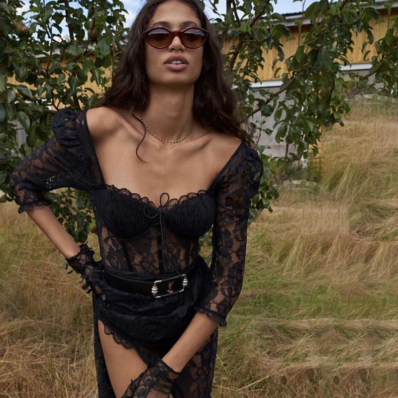 Summer New Women's Clothing Transparent Lace Square Collar Nine-point Sleeves Sexy Slit Slim Dress Female