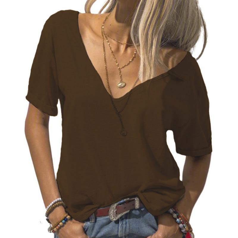 Trendig Djupt V-ringad Kortärmad Topp Enfärgad Casual Lös Grundläggande Stil Dam T-shirts