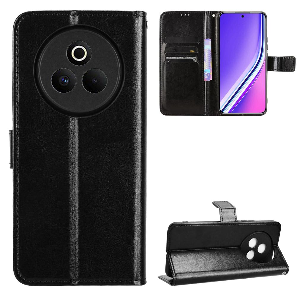 

For Realme P3 Pro 5G PU Leather Case with Strap Crazy Horse Texture Phone Wallet Cover Black