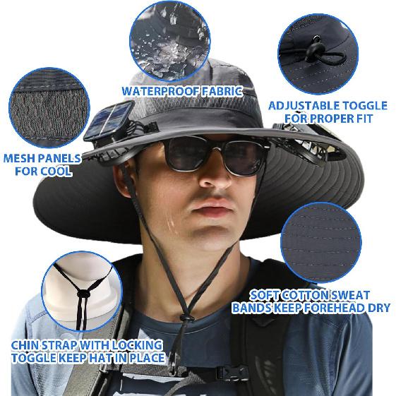 Solar Fan Hat, Wide Brim Sun Hat with 2 Solar Fan, Hat with Solar Fans Built in, Fishing Hat with Fan for Men, Waterproof Outdoor Hiking