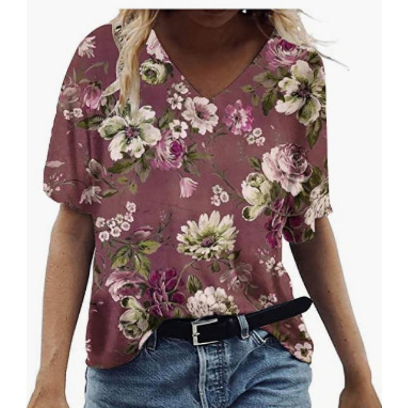 Summer V-neck 3D Feather Flower Printed Top Fashionable Casual Short Sleeved Women's T-shirts