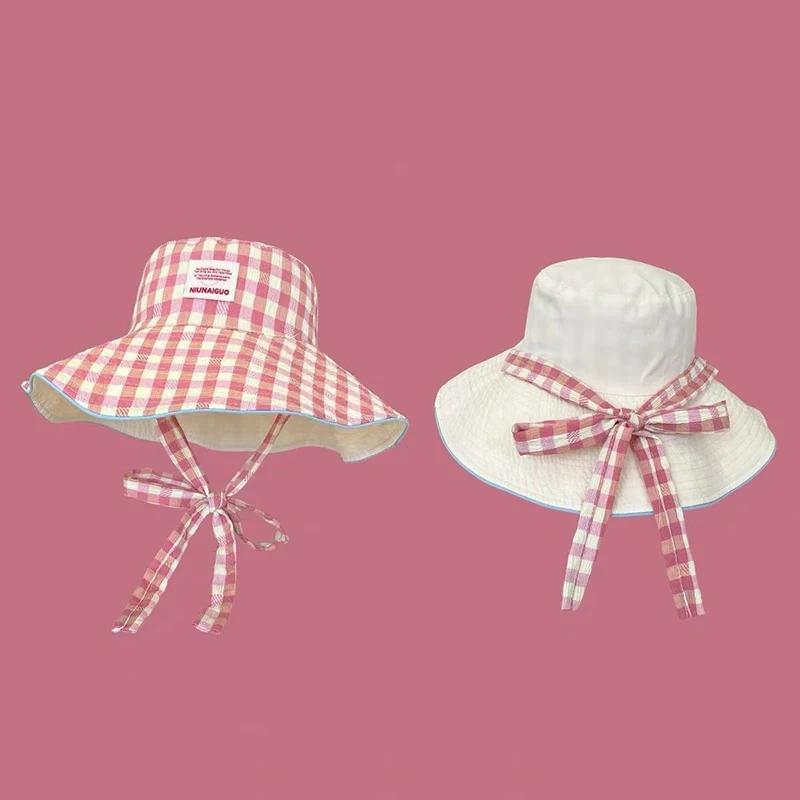 Double-sided Plaid Wide-edged Lace-up Bucket Hat Summer Outdoor Versatile Sunscreen Sweet Contrasting Color Plaid Women's Caps
