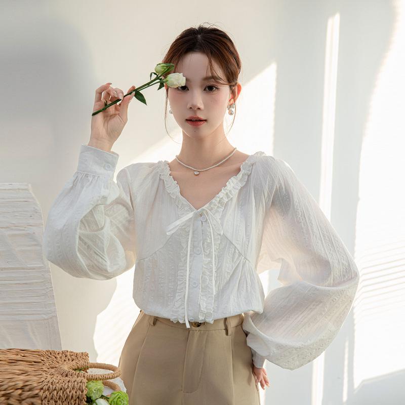 2026 Early Spring French Chic Lace V-Neck Long-Sleeve Women's Shirt