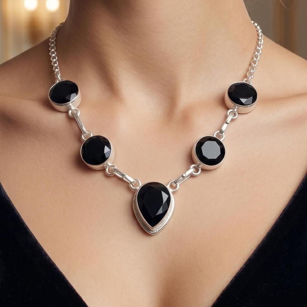 Collana d'Argento con Pietra di Onice Nera 16-18", Gioielli in Argento Sterling 925, Gioielli Mese di Nascita Luglio, Collana da Matrimonio in Onice Per Lei RN-3-22