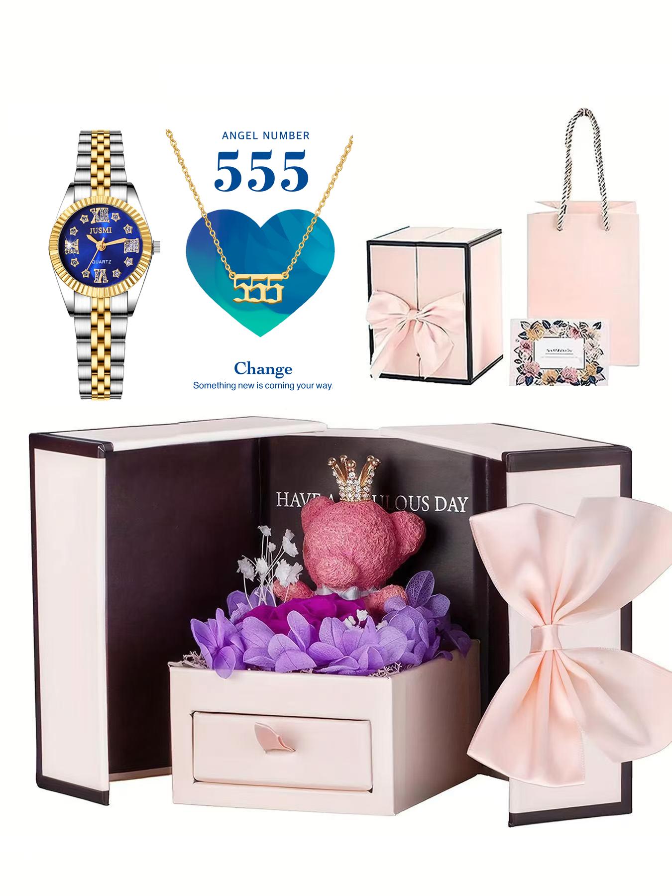 

Женская мода циферблат с римскими цифрами ожерелье маленький медвежонок сохраненный цветок набор из 3 предметов подарочный набор в коробке золотой