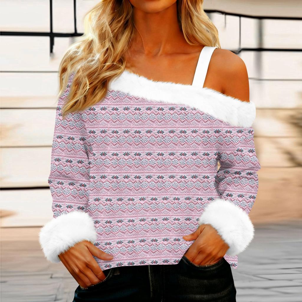 Women's Off-the-shoulder Plush Neck Printed Long-sleeved Pullover T-shirt Top