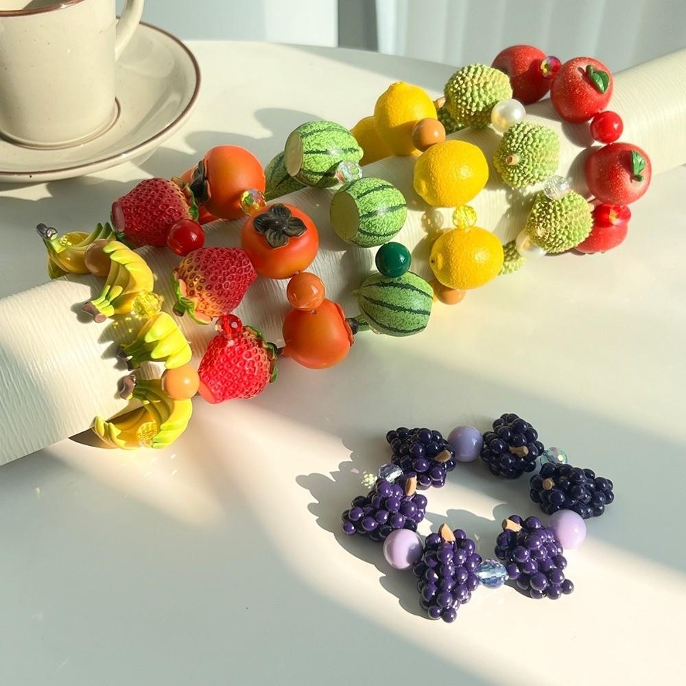 Colorful 3D Fruit Elastic Bangle Resin Exaggerated Bracelet Unique Beaded Bracelet  Women