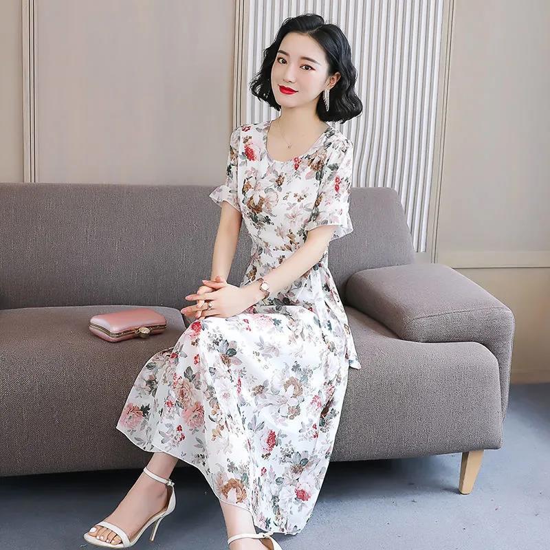 Women's Summer Dress Large Size Chiffon Print Round Neck Short Sleeve Skirt Length To Calf