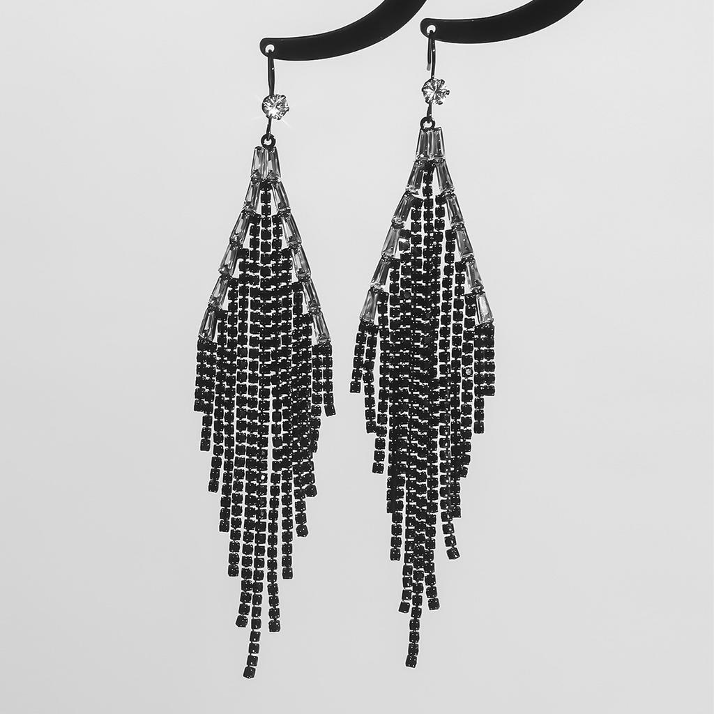 Premium Black Rhinestone Long Tassel Earrings