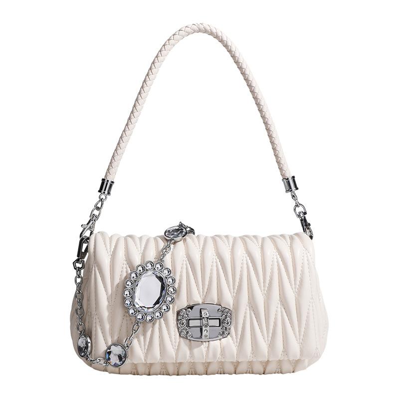 Leather Armpit Bag, New Korean Style Fashionable Crossbody Women's Bag, High-end Rhinestone Small Square Bag, Chain Bag, Pleated Bag