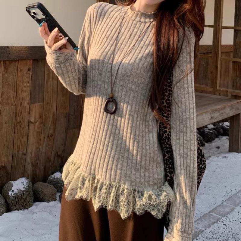Women's Loose Slimming High Neck Lace Ruffle Long Sleeve Knit Top