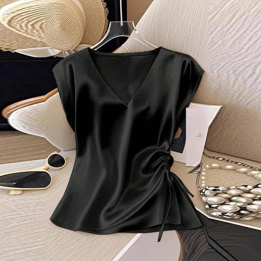 Top Camisa Casual de Satén con Cuello en V y Cordón para Mujer