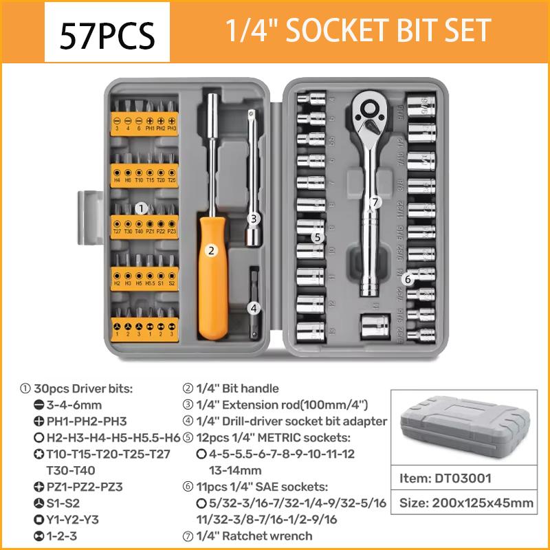 

57Pcs 1/4 Socket Ratchet Wrench Set Complete Car Repair Tools Set for Car Bike Motorcycle Maintenance Mechanic Tools