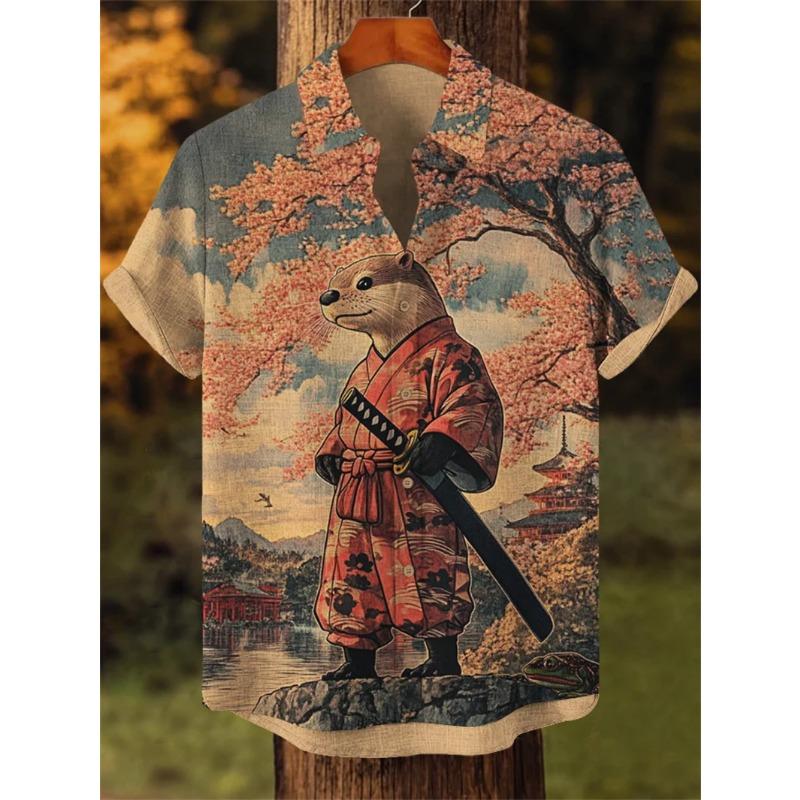 

Men s Volcano Animal Pattern Linen Shirt Summer Fashion Short Sleeve Button Collar Shirt Hawaii Casual Shirt Top S