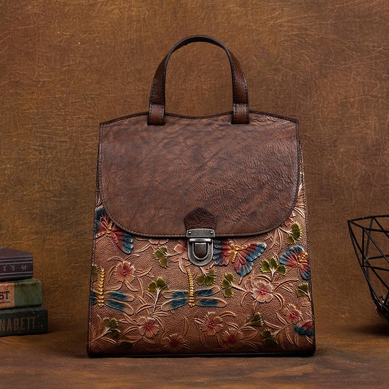 Neuer Damen-Rucksack aus echtem Leder Mehrzweck-Retro-Prägung Tasche Pflanzlich gegerbtes Leder Damen-Tasche