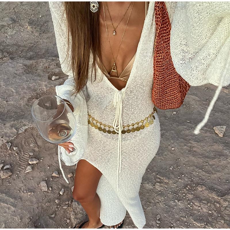 New Beach Dress Sexy Hollow See-through Sunscreen Clothing Spring and Summer Knitted Seaside Vacation Long Skirt