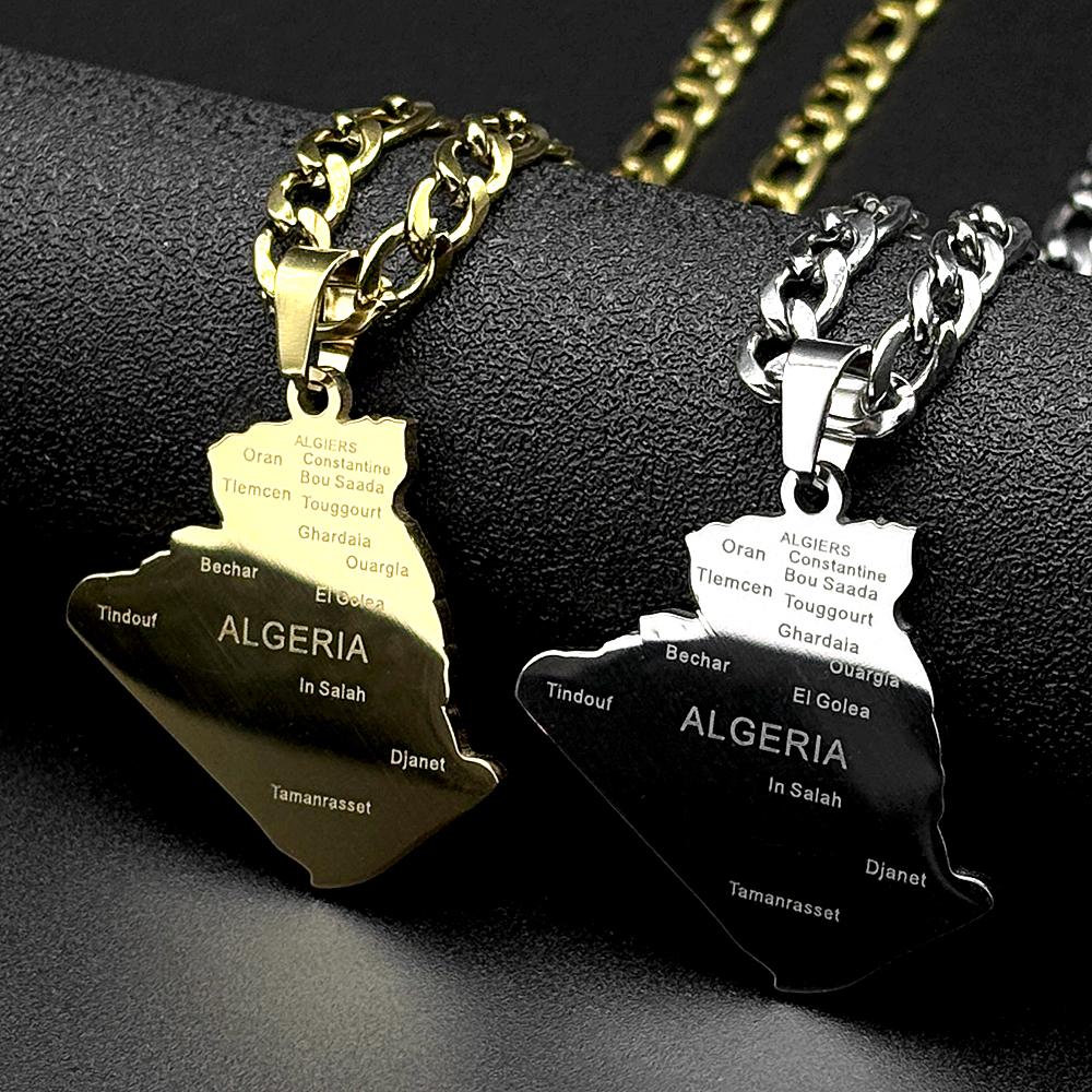 Algeria Map Pendant Necklace for Men Women Stainless Steel Gold Color Country National Geography Major Cities Chain Jewelry