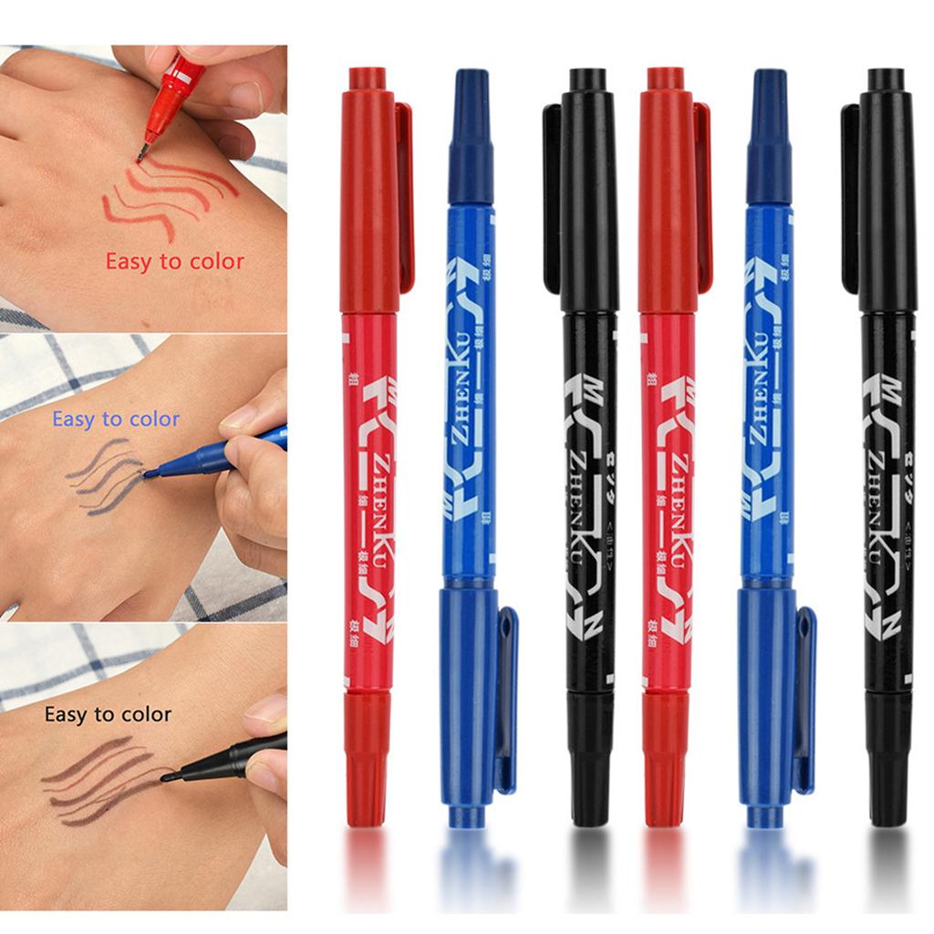 6 Pcs Skin Marking Pen Double Ended W/Fine Thick Tip Black/Blue/Red