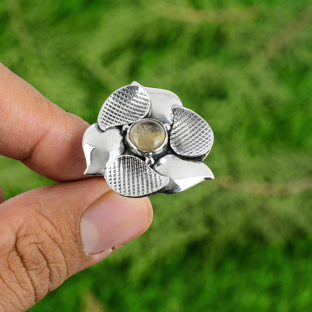 Natural Golden Rutile Solitaire Flower Adjustable Ring 925 Silver For Girls