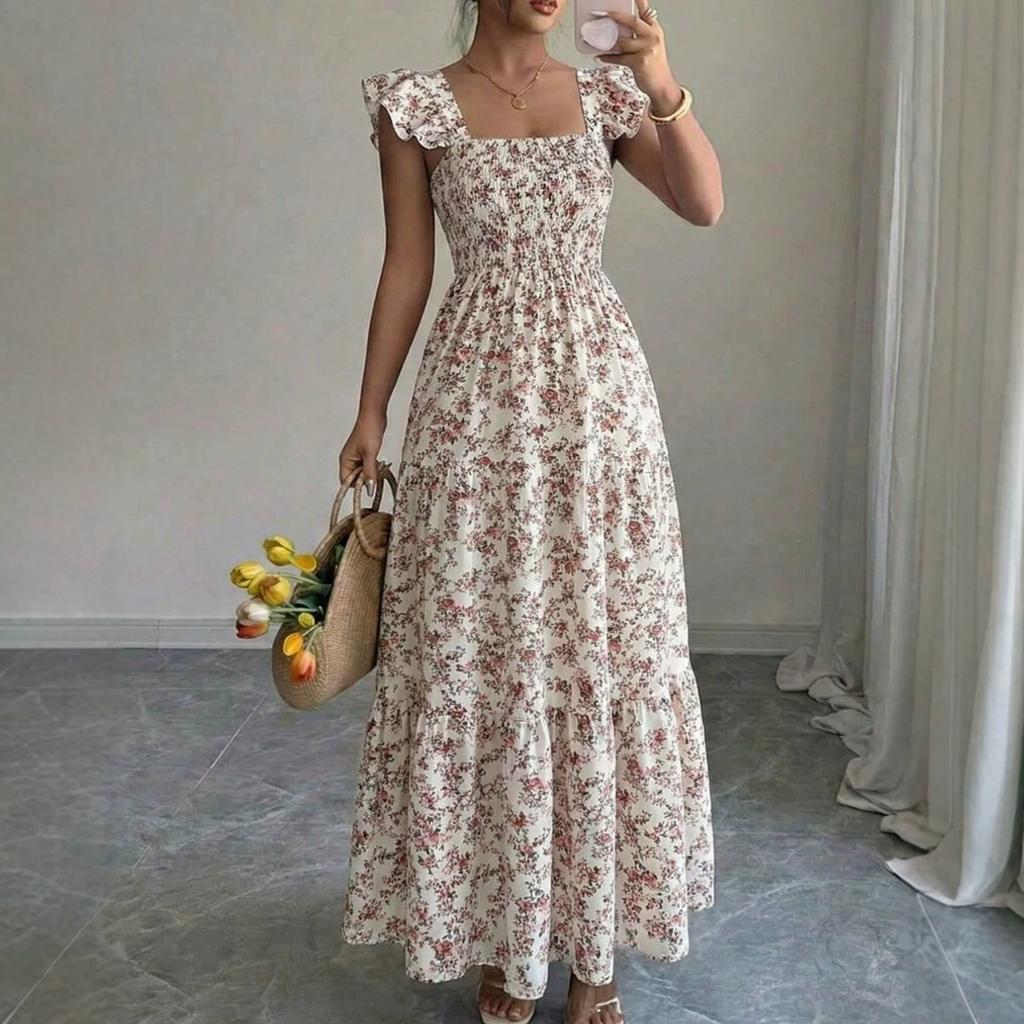 New fresh retro style cake long dress plant print flying sleeves square neck waist dress