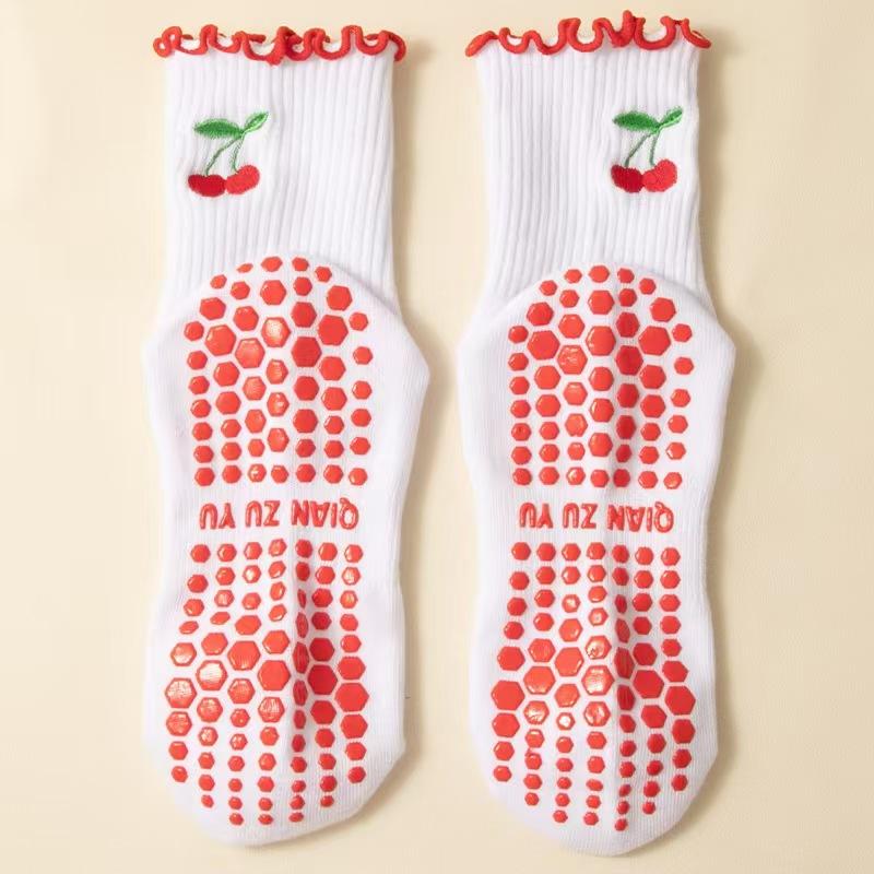 Cartoon Yoga Socks, Women's Embroidered Mid-calf Socks, Cherry Professional Anti-slip Fitness Pilates Sports Floor