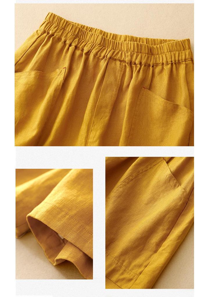 Women's 2024 Retro Cotton-Linen Elastic Waist Shorts with Large Pockets, Wide-Leg, Slimming, Straight-Leg, Versatile Design