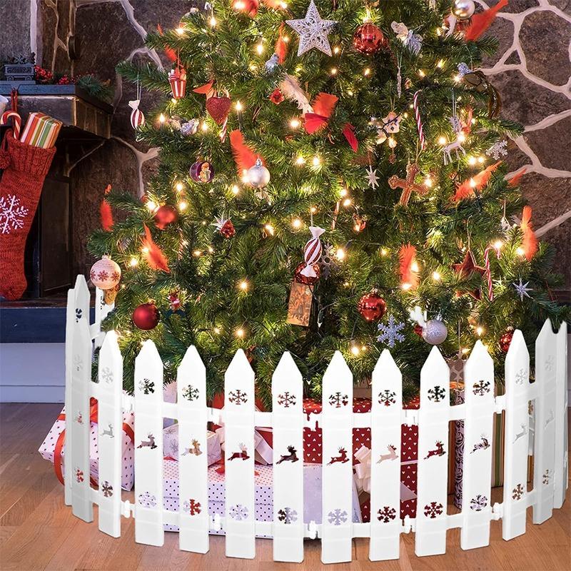 30pc White Plastic Christmas Tree Fence Set Panels with Decorative Top & Base 12-Inch Tall Garden Fence for Christmas Decoration