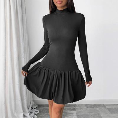 Herbst Winter Lässig Schlank Schwarz Elastizität Aufgeblasen Kleider Einfach Elegant A-Linie Rollkragen Langarm Einfarbig Mini Kleid Weiblich