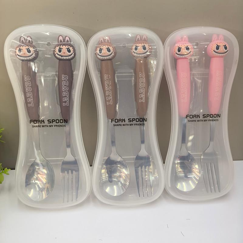 Desene Animate Labubu Mărime Mare Veselă din Oțel Inoxidabil Set Două Piese Veselă pentru Copii Furculiță Lingură Portabilă Produse pentru Copii