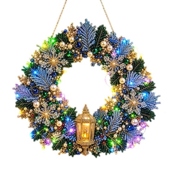 Funkelndes Edelstein Bastelset DIY Acryl Weihnachten Kunstperlen Aufhänge-Set, Beleuchteter Kranz 3D Perlen-Sets für Erwachsene Set mit LED-Lichterkette