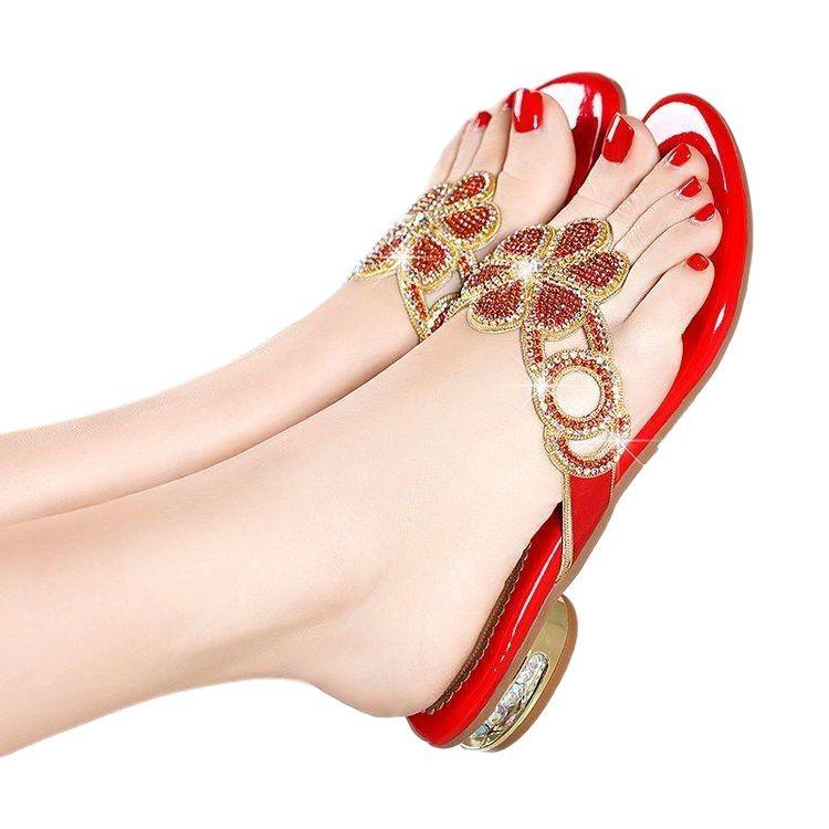 Rhinestone slippers women's summer new outer wear flat bohemian beach shoes seaside vacation pinch sandals women's half tray