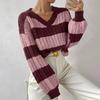 Women Knitted Sweater V-Neck Long Sleeve Crop Pullover Jumper Patchwork Color Twist Texture Knitwear