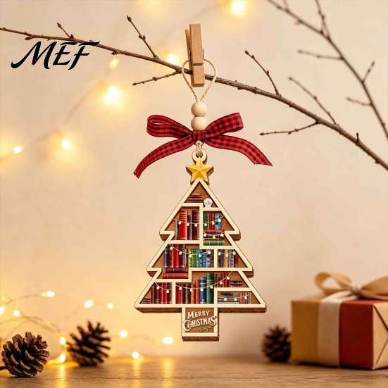 Plaid Bow Xmas Ornament Christmas Wooden Hollowed Pendant, Cross/Christmas Tree Hanging Ornament, Decorative Book Decoration Decor Craft for