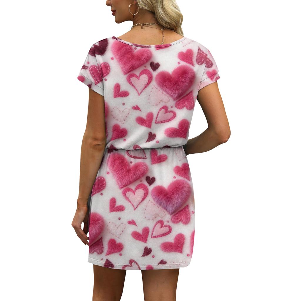 Women's V,Neck Short,Sleeve Drawstring Pocket Valentine's Day Print Casual Dress