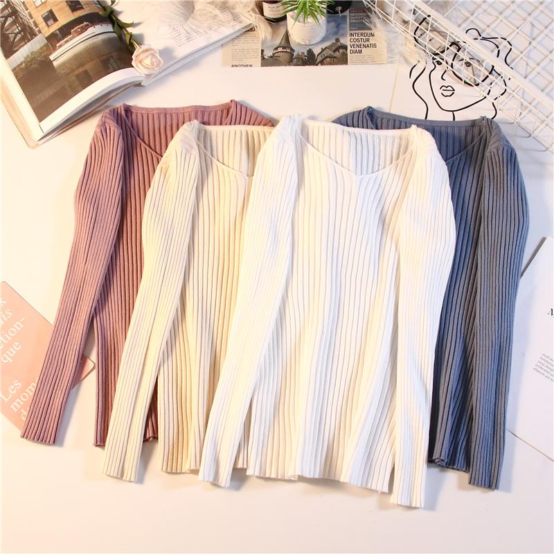 Autumn and Winter V-neck Knitted Sweater for Women Fashion Slim Fit Long Sleeve Base Pullover Sweaters Tops Ladies Elegant Solid Woman Knitwear 24978