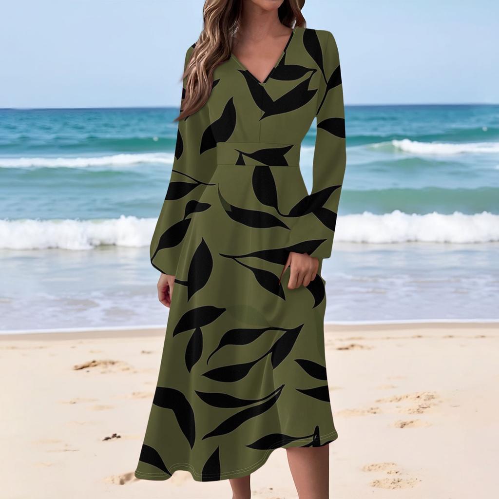Kadın Günlük Moda Çiçek Baskılı V Yaka Uzun Kollu Belden Uzun Elbise
