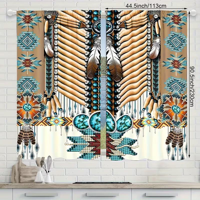 Set Of 2 Indian Feathers Print Curtains Suitable Bedroom Living Room Kitchen Decoration Home Window Made Polyester Sitting Treatment