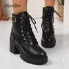 British Style 2025 New Round Head Chunky Heel Ankle Bootie Women's Boots Black Lace Up Shoes Botines Para Mujeres Size 35-42