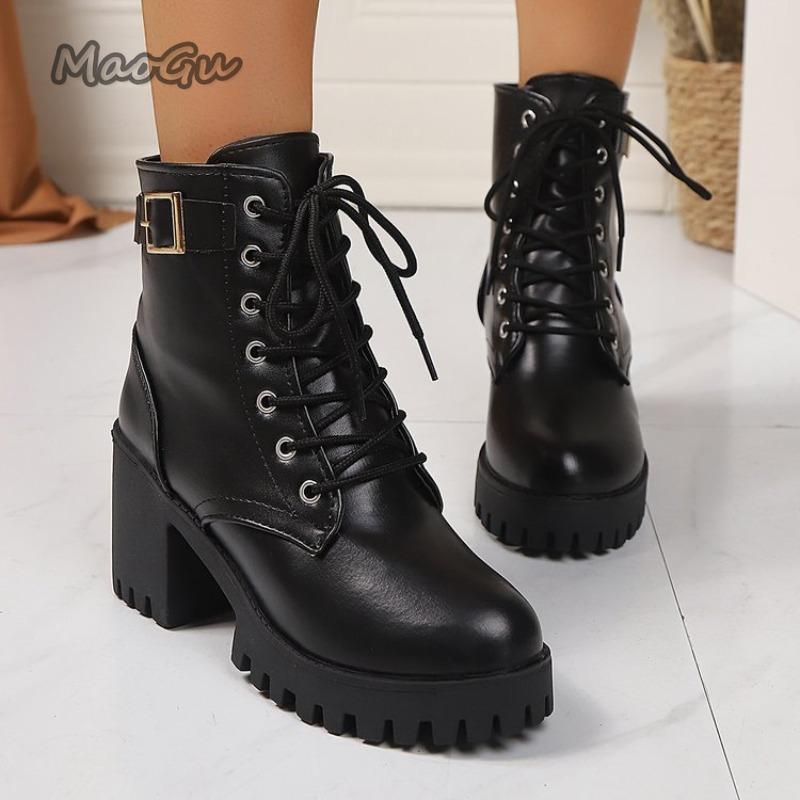 British Style 2025 New Round Head Chunky Heel Ankle Bootie Women's Boots Black Lace Up Shoes Botines Para Mujeres Size 35-42
