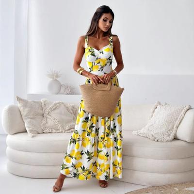Nuovo Vestito Estivo da Donna con Stampa Floreale, Vita Stretta, Spalline Sottili, Svasato, Casual da Vacanza, Orlo Ampio, Vestito Estivo da Donna